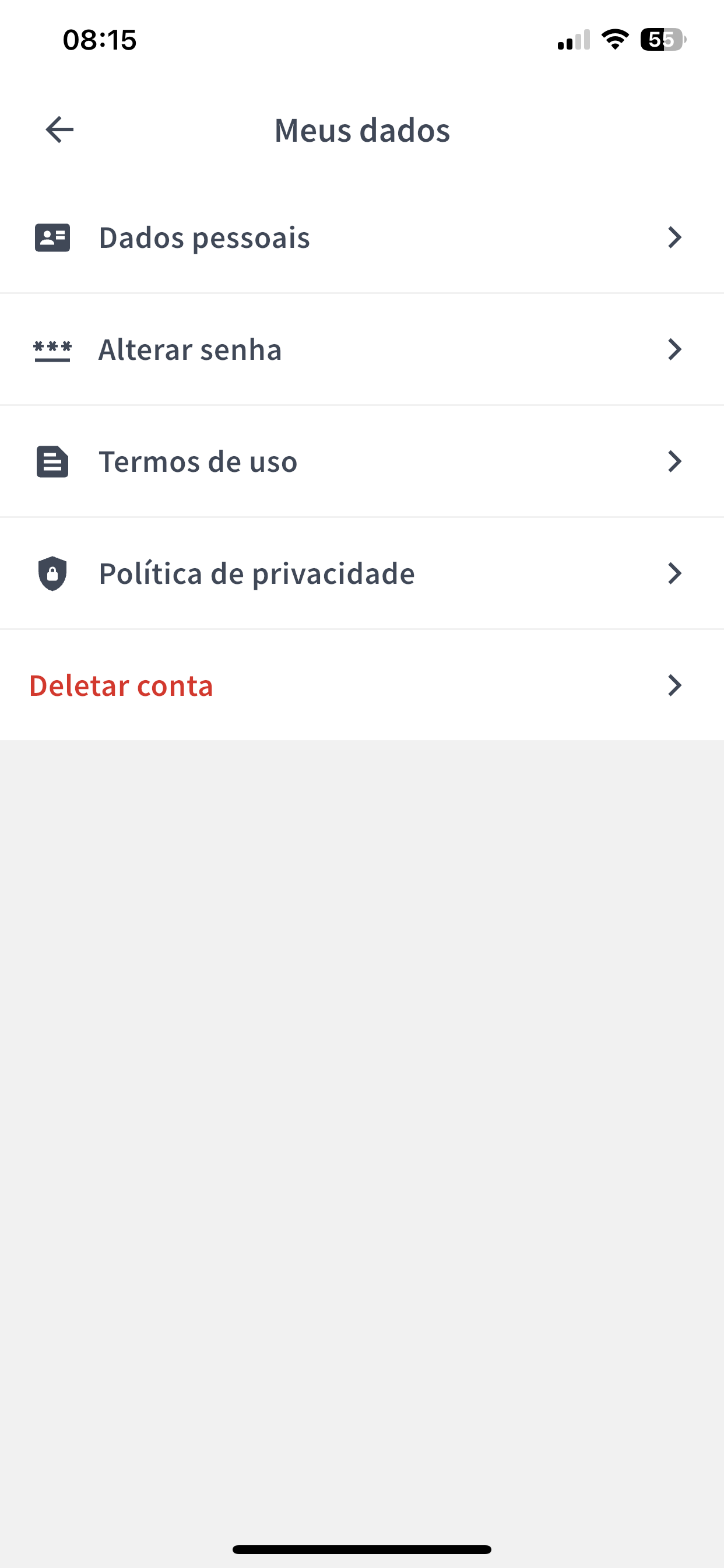 Tela Meus dados do aplicativo 85 Drive com a opção Deletar conta