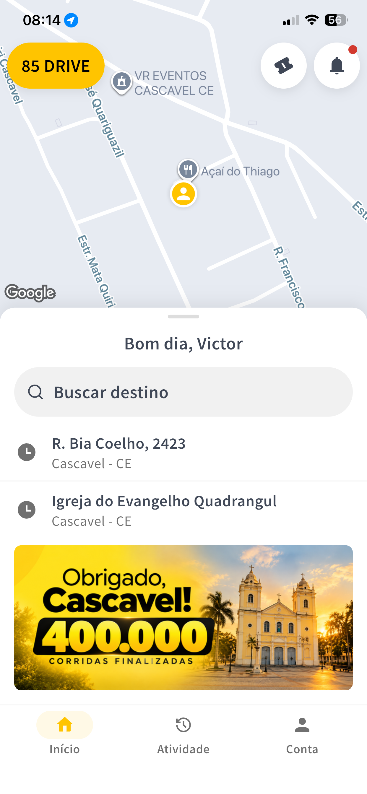 Tela inicial do aplicativo 85 Drive